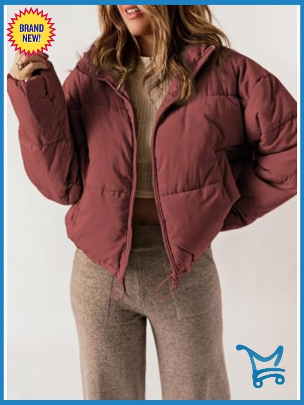 Quilted Puffer Jacket Long Sleeve Full Zip Coat with Pockets - Picture 3 of 7